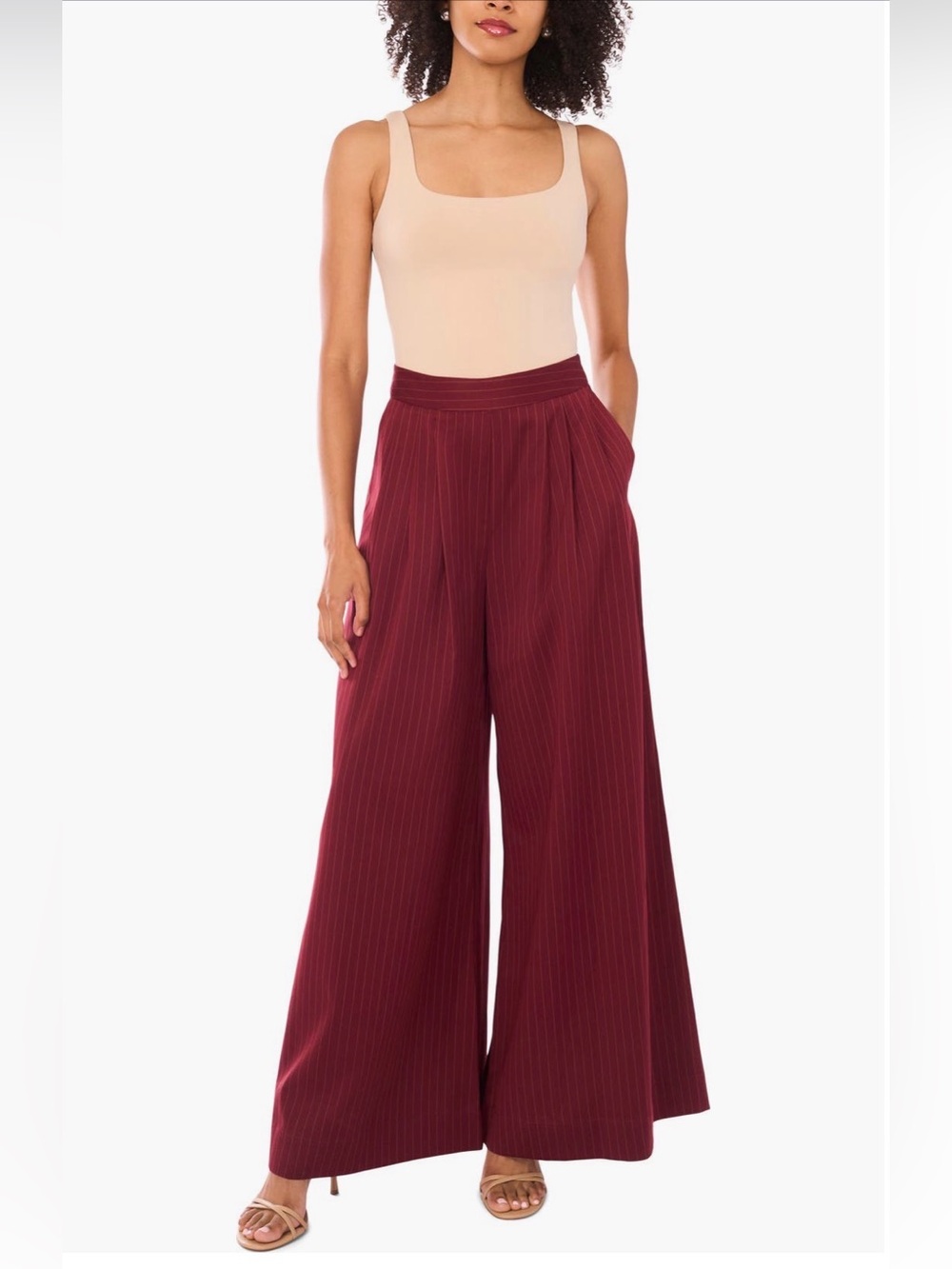 Wide-Leg Pinstripe Palazzo Pants in Burgundy